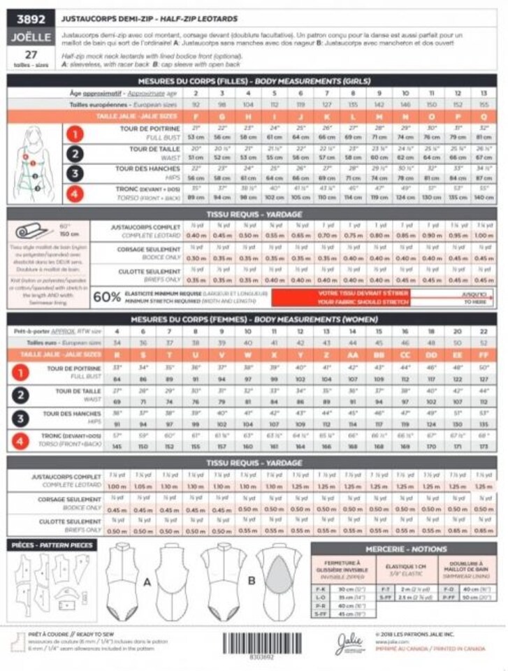 image 1 of Jalie 3892 Joelle Half Zip Leotards Paper Sewing Pattern – Children’s, Teenagers’ & Women’s Dancewear, 27 Sizes, Intermediate