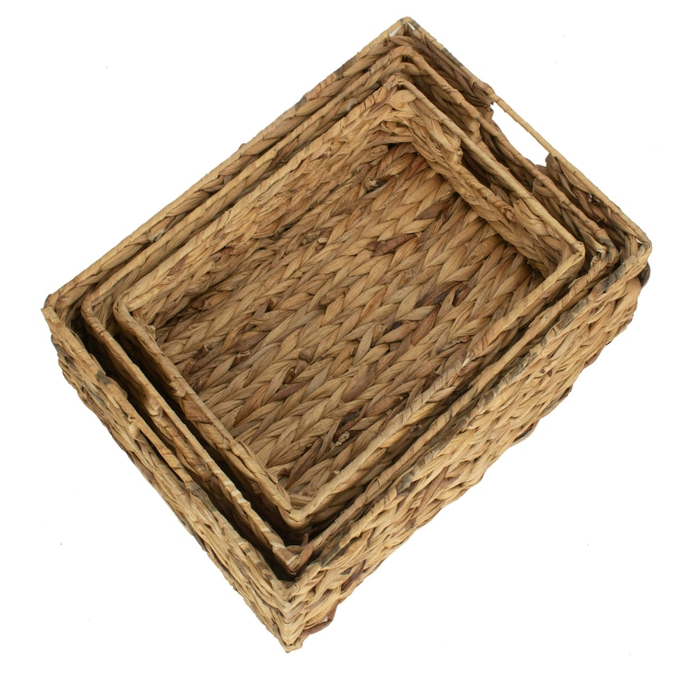 image 1 of Water Hyacinth Shallow Rectangular Storage Basket Set 3 Brown