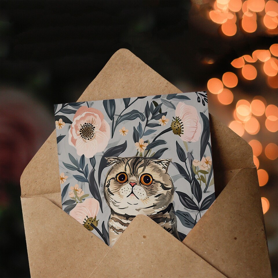 image 1 of Greeting Card Cat Lover Cute Scottish Fold with Pink Poppies Get Well