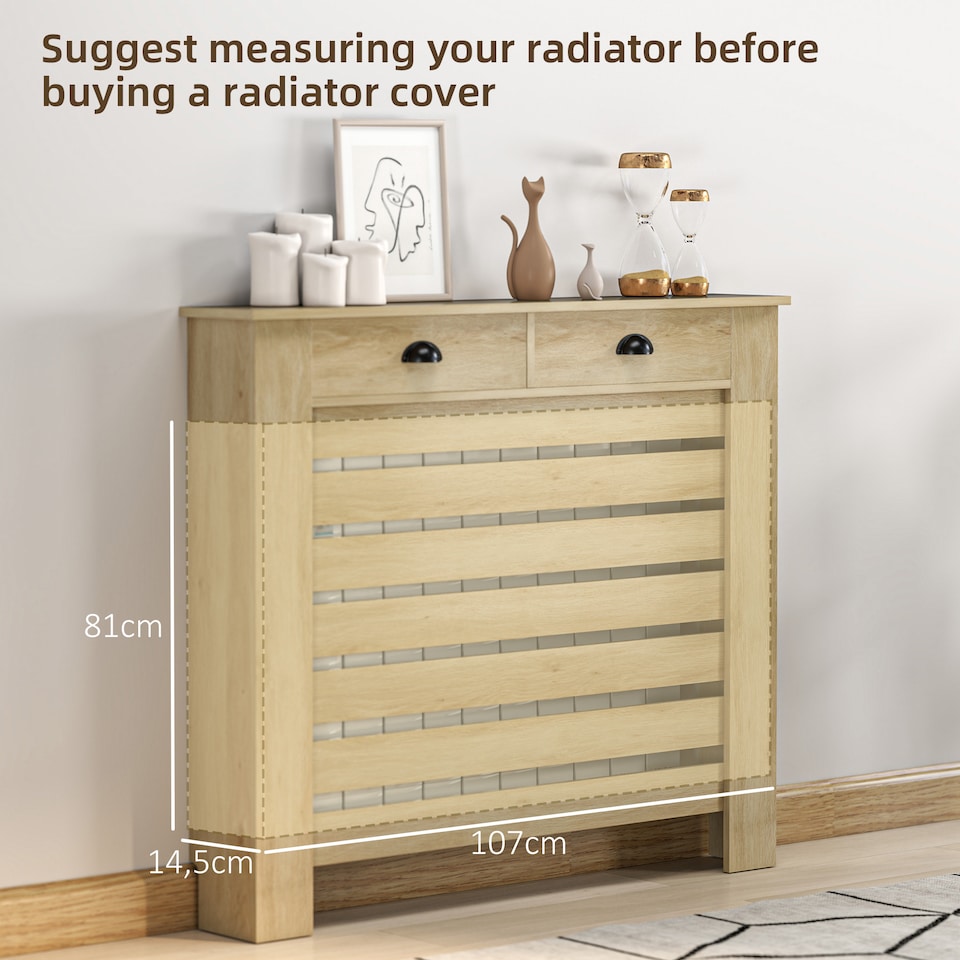 image 1 of HOMCOM Radiator Cover with Drawer, Horizontal Slat, 111cm, Oak