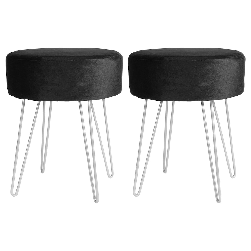 image 1 of Harbour Housewares Set Of 2 Black Velvet Footstools Round Silver Base Ottomans H40 x D35cm Stylish Home Pair Black
