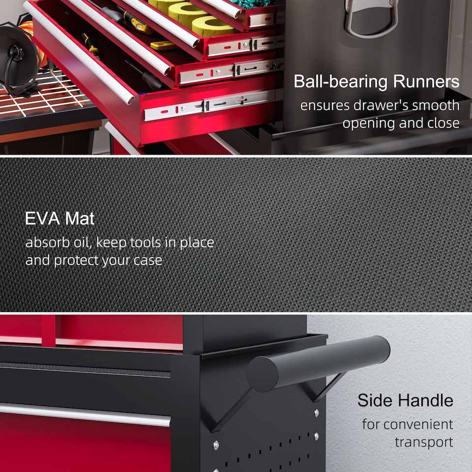 image 1 of HOMCOM 2 in 1 Rolling Tool Cabinet on Wheels with 14 Drawers, Pegboard and Side Rack, Lockable Top Tool Chest and Roller Cabinet Combo for Workshop and Home, Red | Red