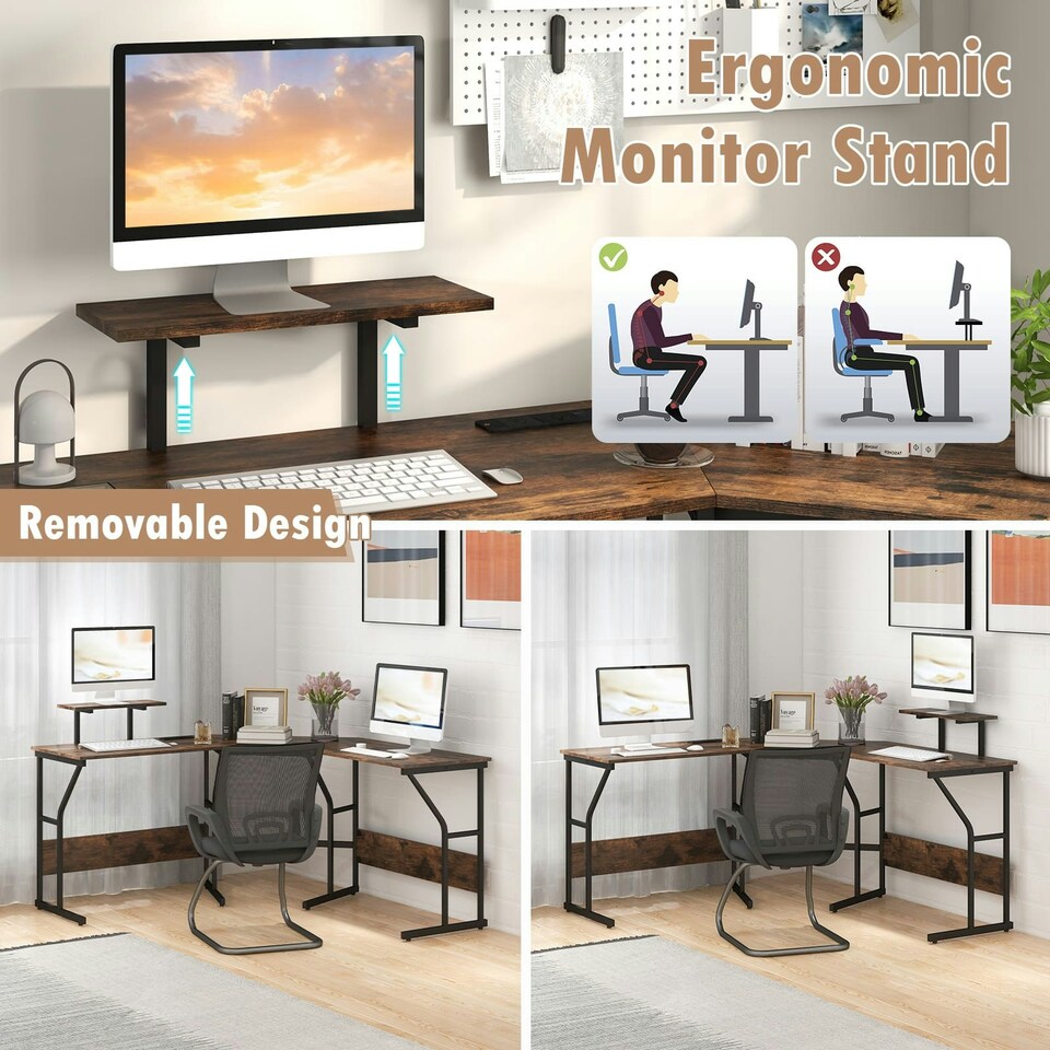 image 1 of COSTWAY L-shaped Desk Corner Computer Workstation Coffee Brown