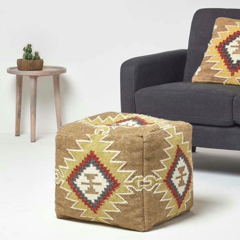 image 1 of Homescapes Jaipur Brown and Orange Kilim Footstool Handwoven Beanbag Pouffe - 43 x 43 cm