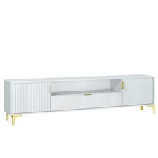 TV Unit 200cm White with Fluted Doors, Gold Details and Drawer | White | One Size | 1