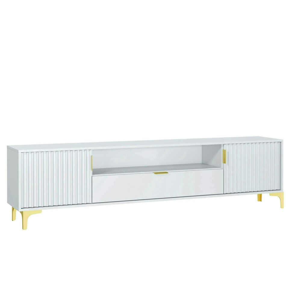 image 1 of TV Unit 200cm White with Fluted Doors, Gold Details and Drawer White