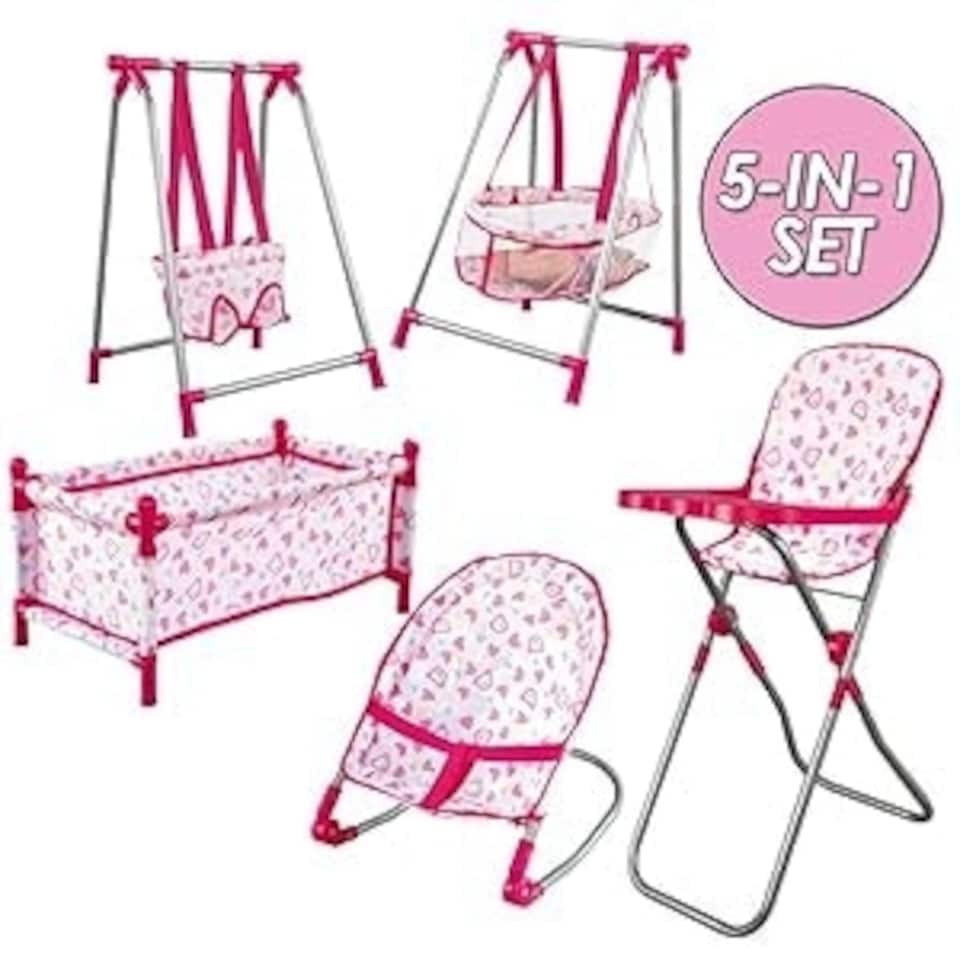 image 1 of 5-in-1 Baby Doll Play Set - with Cot, Swing & High Chair Cot Bed, Bouncer, Adjustable Swing Seats & High Chair