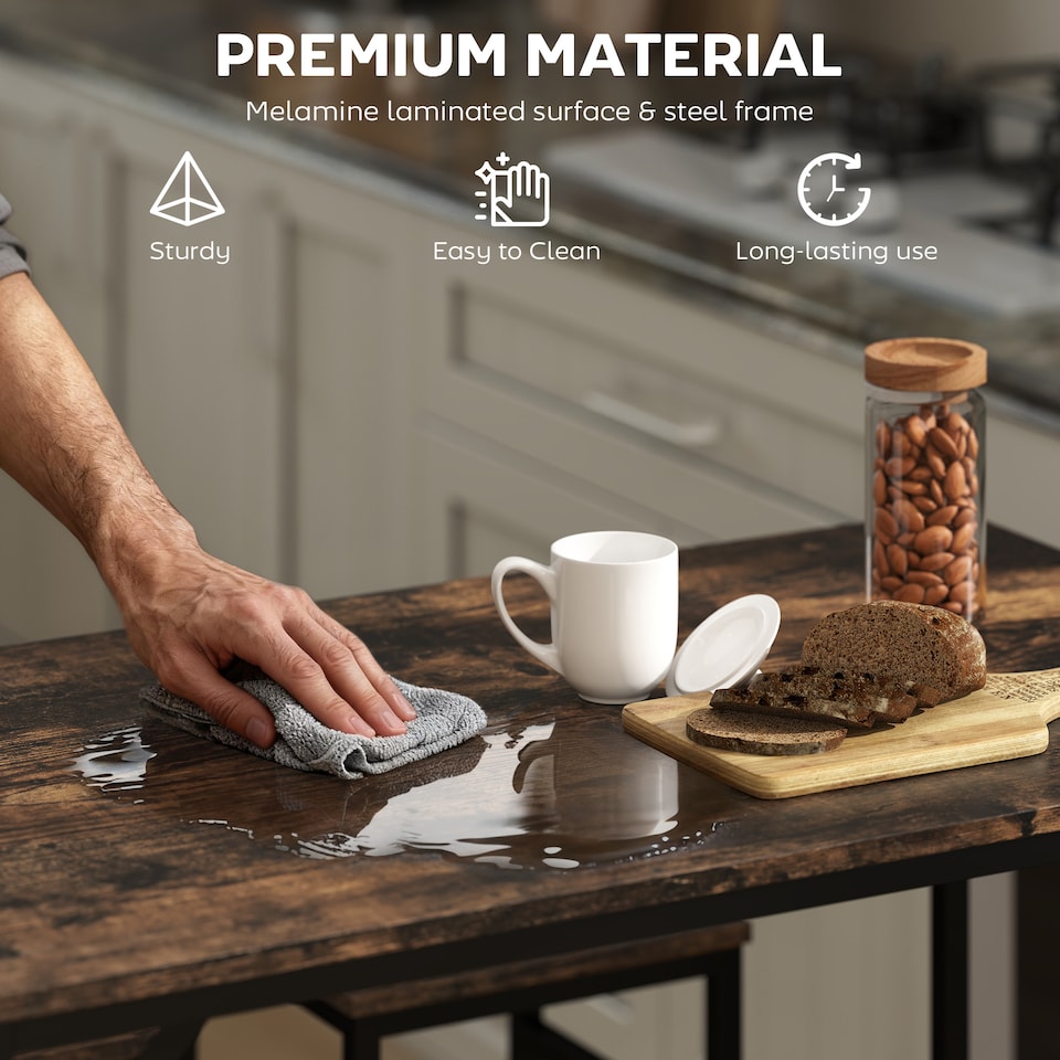 image 1 of HOMCOM 5-Piece Breakfast Bar Table and Stools Set, Kitchen Bar Table Set with High Table and 4 Stools, Space Saving Compact Dining Furniture for Small Spaces, Rustic Brown