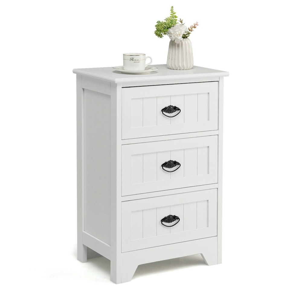 image 1 of COSTWAY Wood 3-Drawer Nightstand Accent End Table White | White