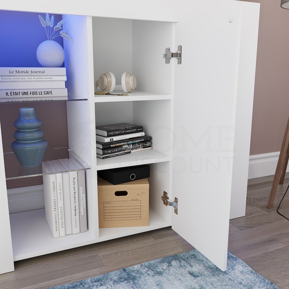 image 1 of Vida Designs Azura 1 Door LED Large Sideboard Buffet Cabinet Storage, White | White | 1