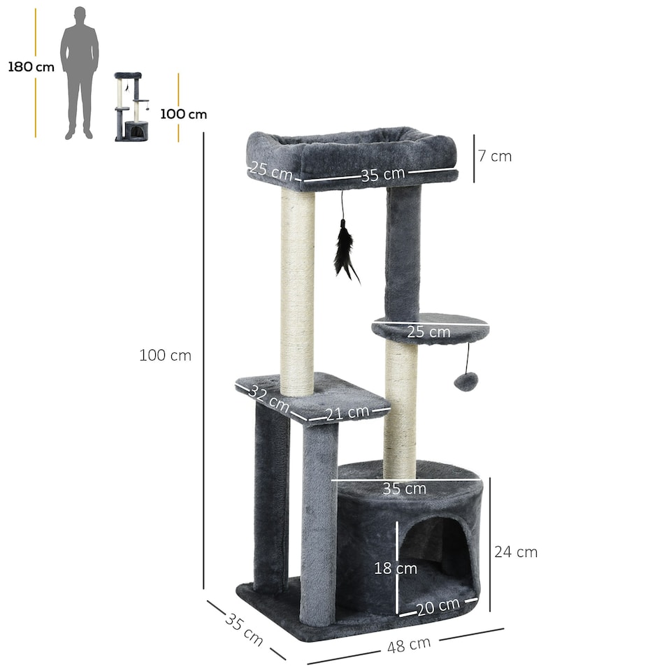 image 1 of PawHut 100cm Cat Tower Condo with House Sisal Scratching Post Perches Grey