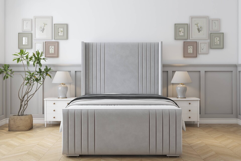 image 1 of Sloomy Camden Silver Plush Bed Frame With Mattress With 50"  Upholstered Wingback Headboard 4'6 Double