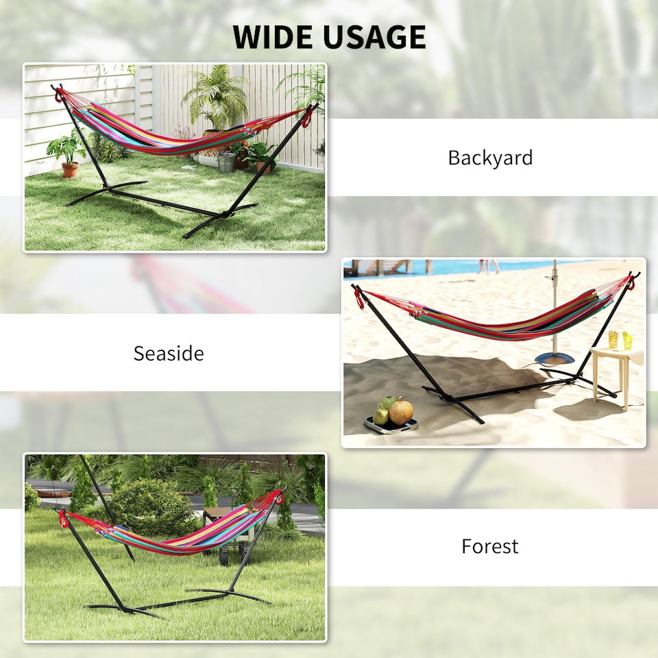 image 1 of Outsunny 298 x 117cm Hammock with Metal Stand Carrying Bag 120kg Multicolour | Multi | Multicolour stripe | L