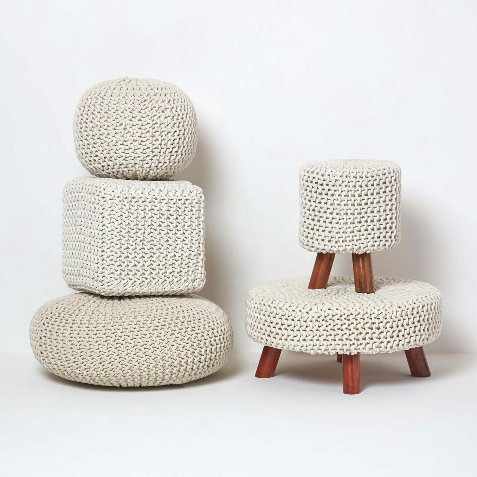 image 1 of Homescapes Natural Large Round Cotton Knitted Footstool on Legs | Cream | 62 x 62 x 30 cm
