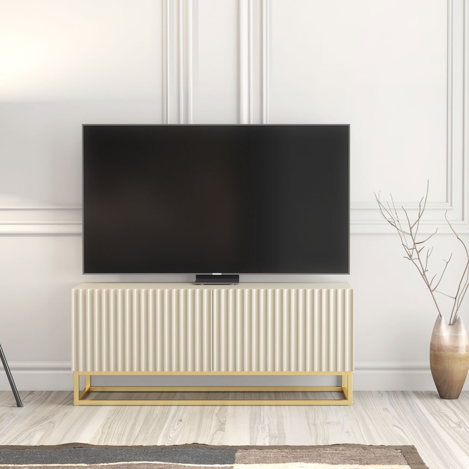 image 1 of TV Unit TV Stand Cashmere Gold Fluted Sideboard Media Console Storage Cabinet 100cm