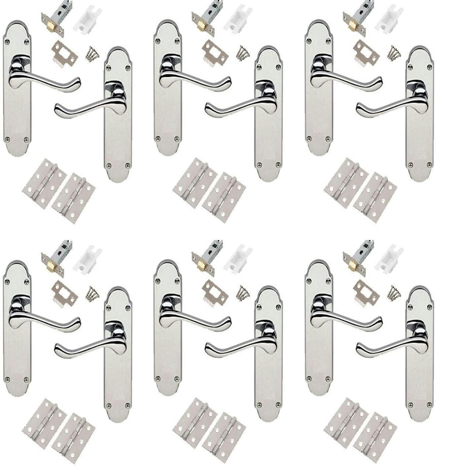 image 1 of Golden Grace 6 Sets Epsom Design Victorian Scroll Door Handles Lever on Shaped Backplate in Polished Chrome - Latch Door Pack with Hinges & Latch | Chrome | 6 Set
