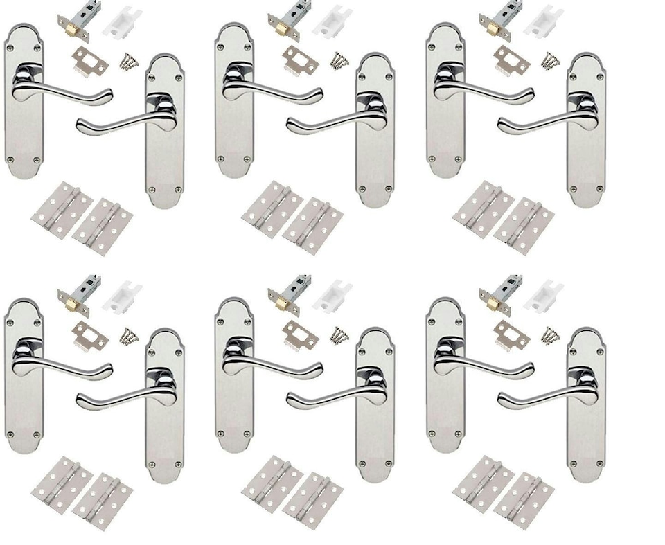 image 1 of Golden Grace 6 Sets Epsom Design Victorian Scroll Door Handles Lever on Shaped Backplate in Polished Chrome - Latch Door Pack with Hinges & Latch | Chrome | 6 Set