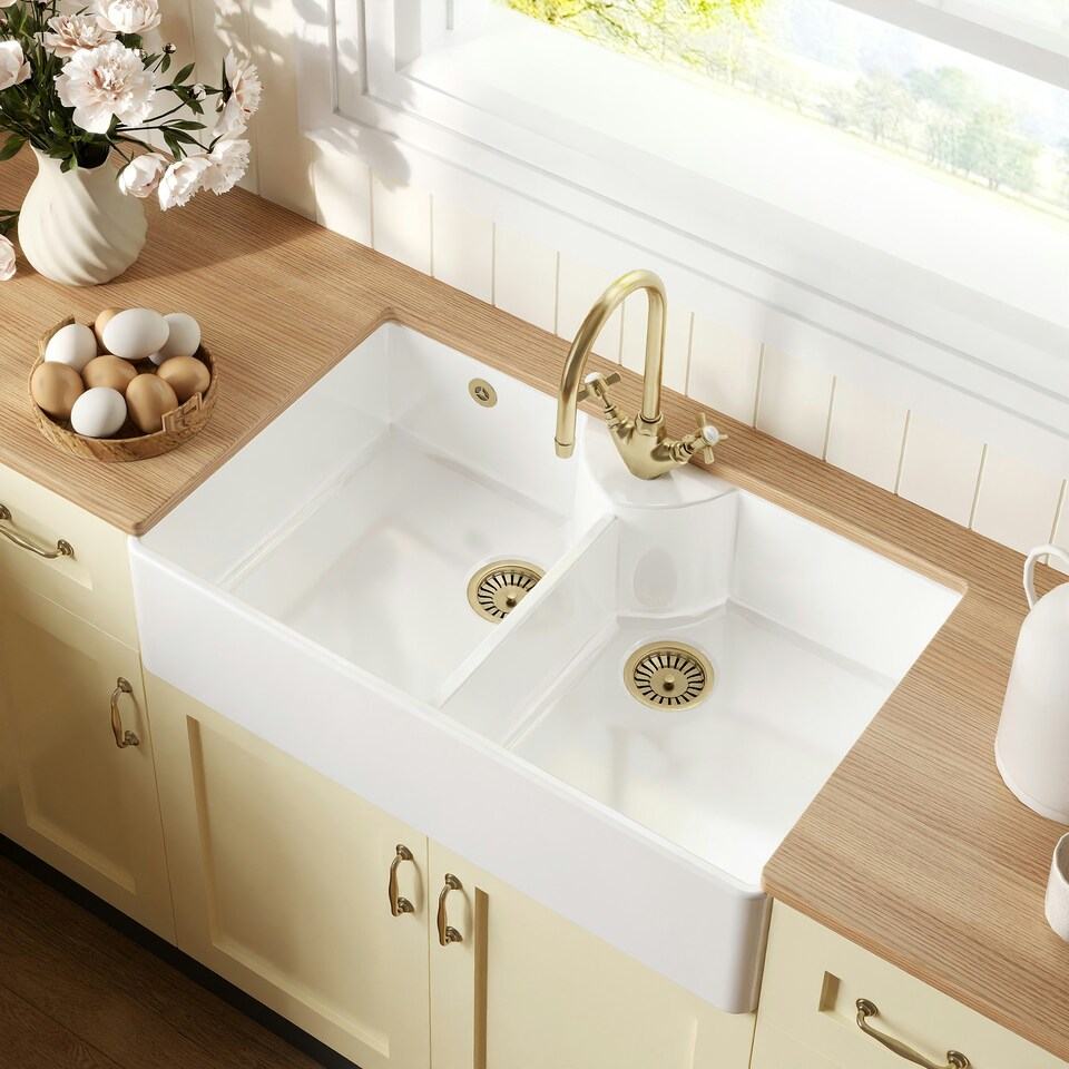 image 1 of Fireclay Kitchen Bundle - Double Bowl 1 Tap Hole Butler Sink & Tap Hole, Wastes & Mono Tap, 895mm - Brushed Brass - Balterley