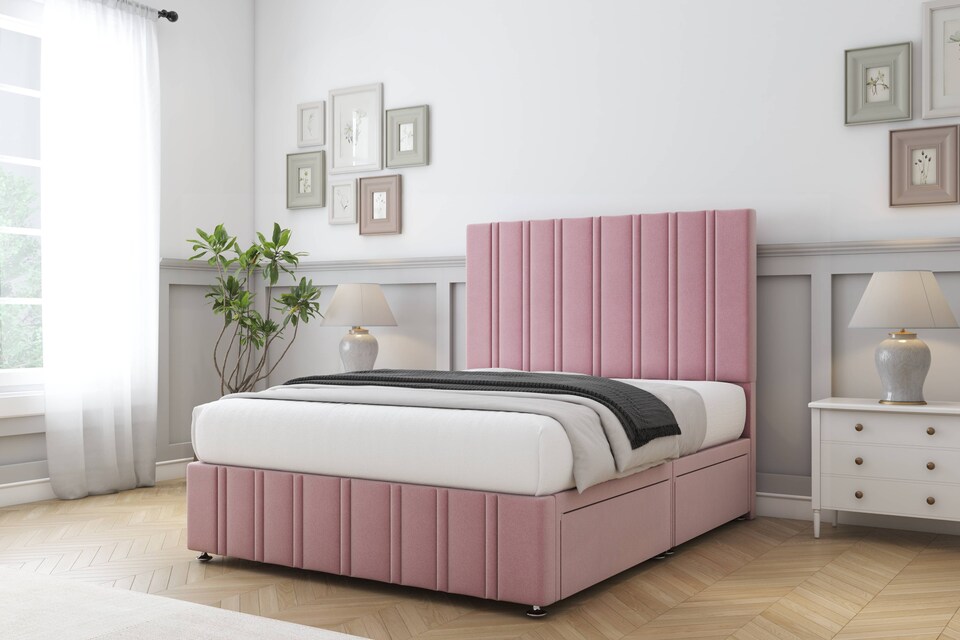 image 1 of Sloomy Langston Pink Plush Divan Bed Base No Drawers With 26 Inch Strutted Headboard & 12 Inch Matching Footboard | Pink | Pink | Super King | 1