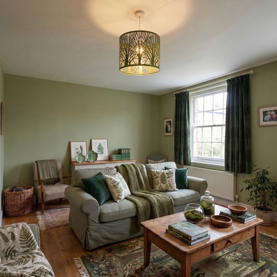 image 1 of Unique and Beautiful Olive Green Metal Forest Design Pendant Shade