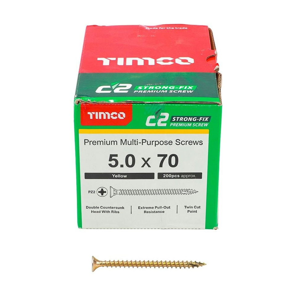 image 1 of Timco - C2 Strong-Fix Multi-Purpose Premium Screws - PZ - Double Countersunk - Yellow (Size 5.0 x 70 - 200 Pieces)
