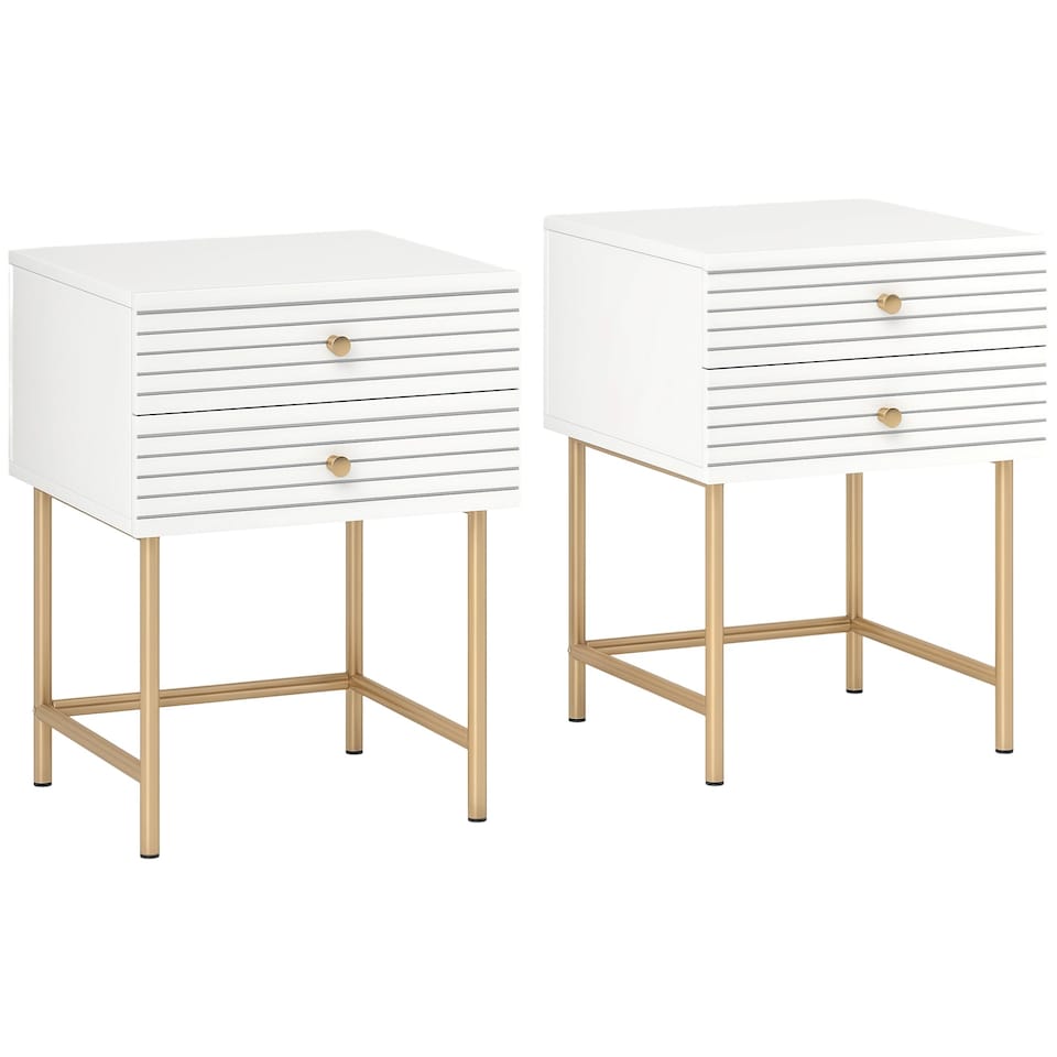 image 1 of HOMCOM Bedside Tables Set of 2, Bedside Cabinet with 2 Drawers, Gold Steel Legs, Modern Side Table with Striped Panel for Bedroom, Living Room, White