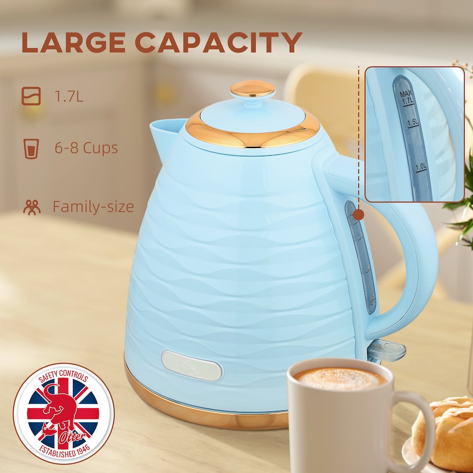image 1 of HOMCOM Electric Kettle, Fast Boil, 1.7L, 3kW, Swivel, Light Blue Ripple | Blue | Light Blue, Rose Gold