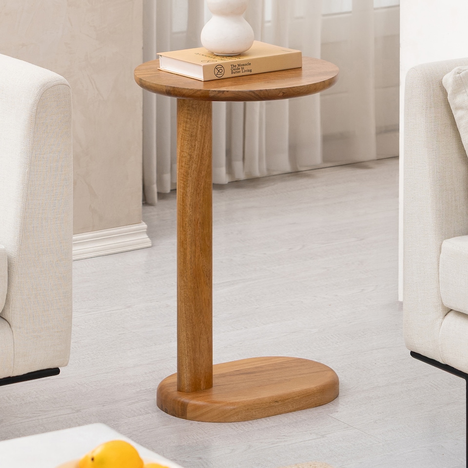 image 1 of Nora C-Shaped Solid Mango Wood Sofa Side Table for Living Room