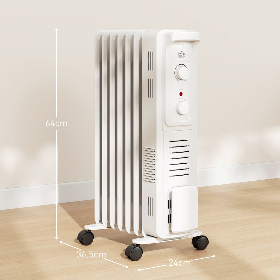 image 1 of HOMCOM 1500W Quiet Oil Filled Radiator, 7 Fin Energy Efficient Portable Electric Heater with 3 Heat Settings, Adjustable Thermostat, Safety Tip Over, Overheat Protection, for Home, White