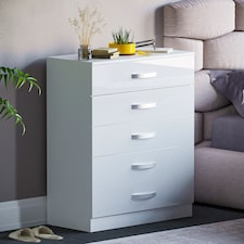 Vida Designs Hulio 5 Drawer Chest of Drawers High Gloss Bedroom Storage, White