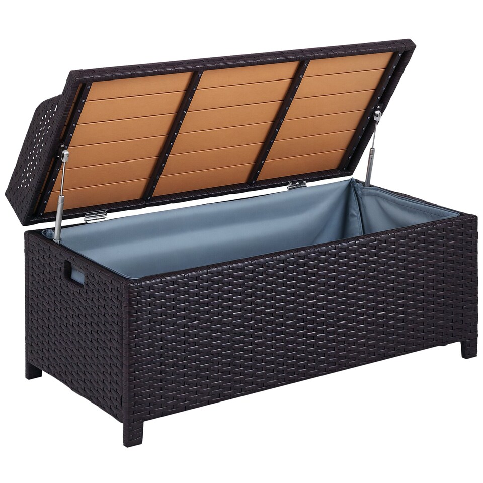 image 1 of Outsunny PE Rattan Outdoor Storage Bench, Aluminium Garden Bench with Storage Underneath with Zipped Inner Lining, Rods for Deck, Mixed Brown