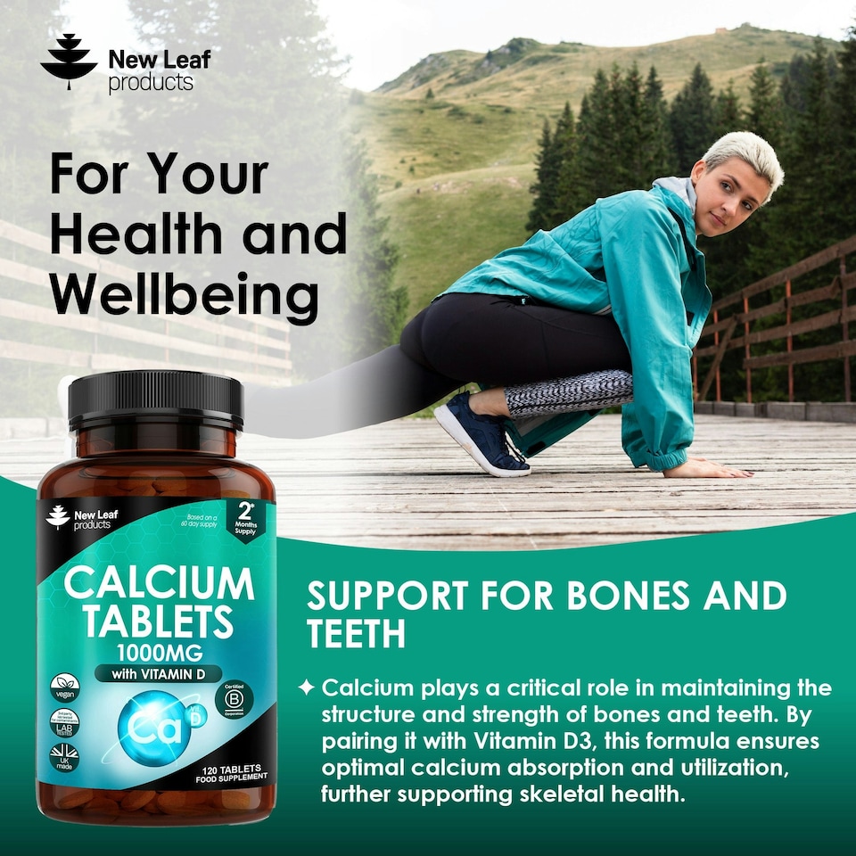 image 1 of Calcium Tablets With Vitamin D - Bones & Joints, and Immune Support - Vegan 120 Tablets