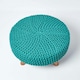 image 3 of Homescapes Teal Green Large Round Cotton Knitted Footstool on Legs