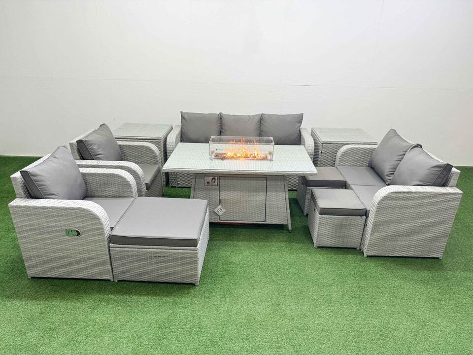 image 1 of Fimous PE Rattan Garden Furniture Set Reclining Chair Sofa Double Love Seat 2 Seater Sofa Lounge Set Firepit Dining Table 3 Stools 2 Side Table Light Grey