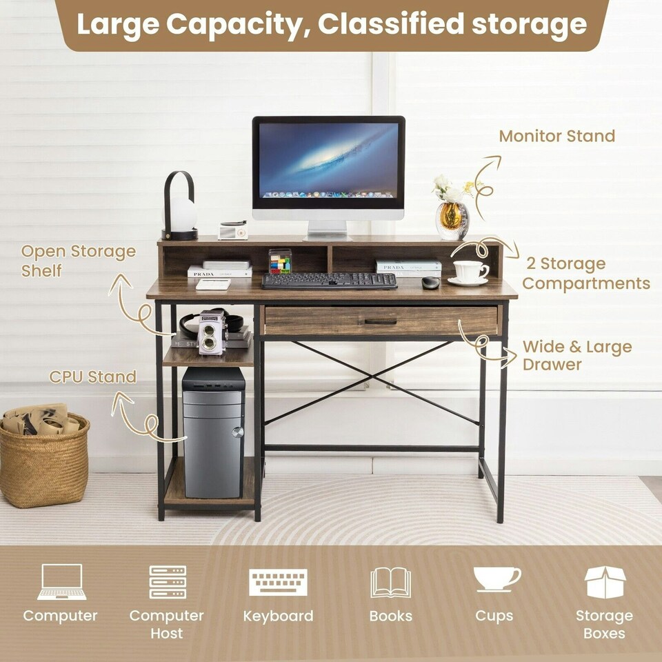 image 1 of COSTWAY Computer Desk Writing Workstation w/Storage Drawer Brown