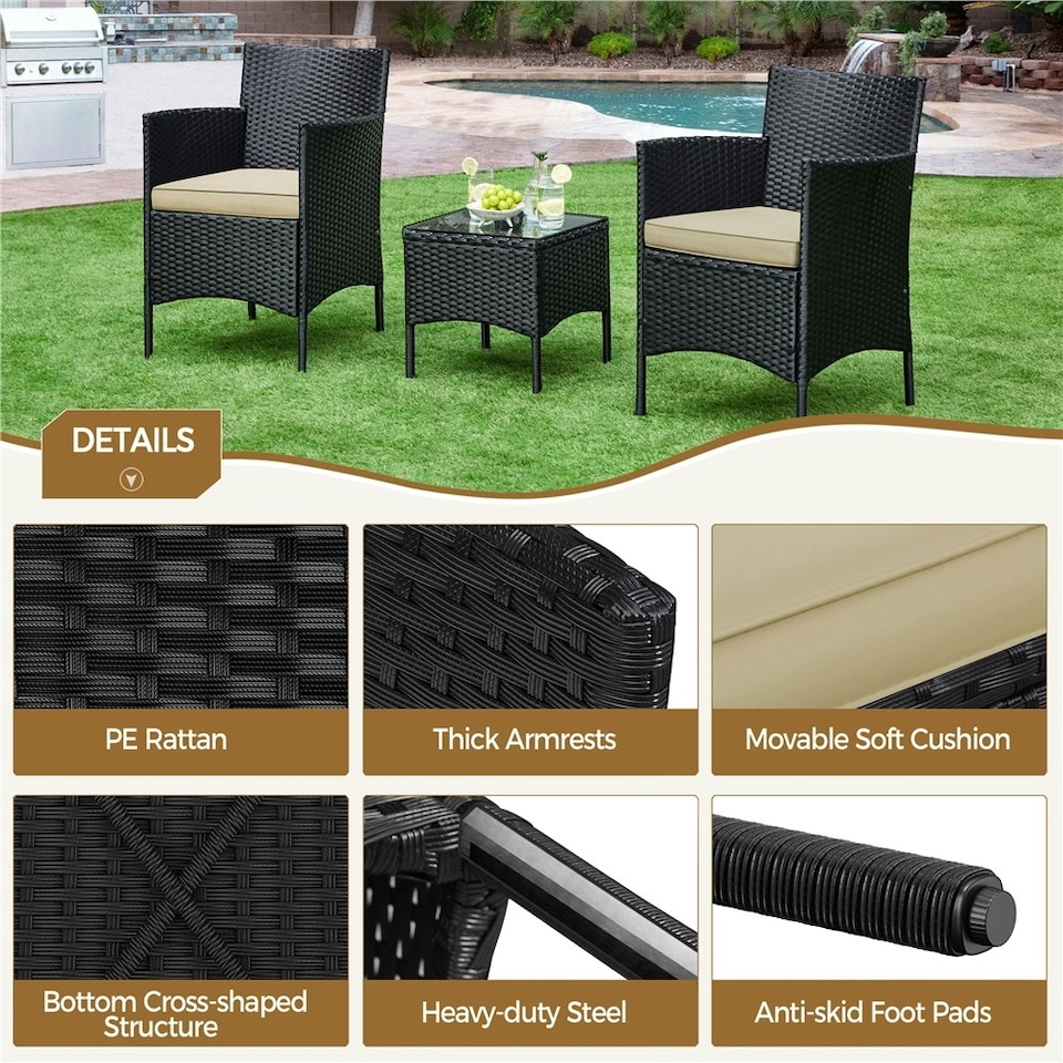 image 1 of Yaheetech Outdoor Wicker Patio Conversation Furniture Set Black/Khaki