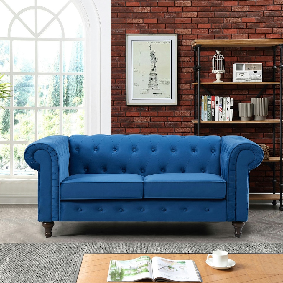 image 1 of Pelham 2 Seat Velvet Sofa - Blue
