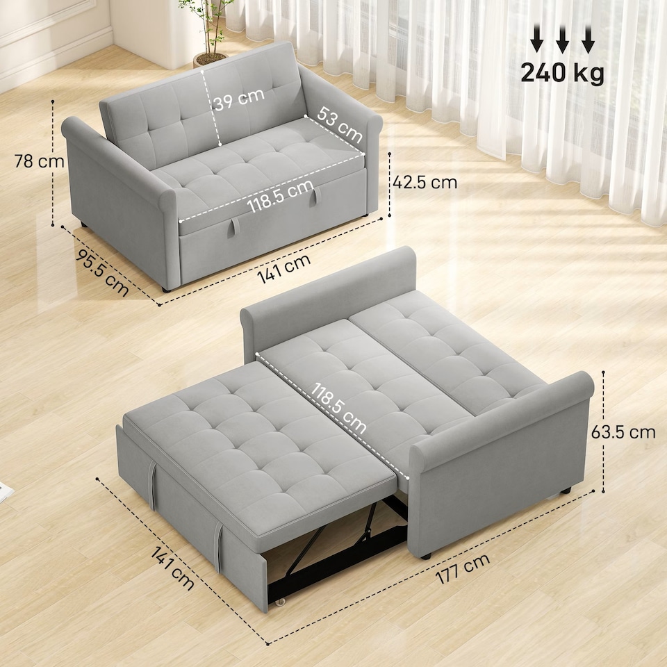 image 1 of HOMCOM 2 Seater Sofa Bed with 7-Position Adjustable Backrest, Convertible Pull Out Sleeper Sofa, Mid-Century Modern Fabric Bed Settee for Living Room, Guest Room, Grey