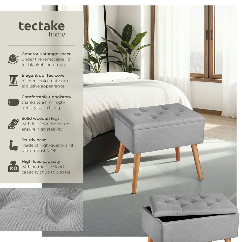 image 1 of Bench Ranya upholstered linen look with storage space - 300kg capacity Grey | Light Grey