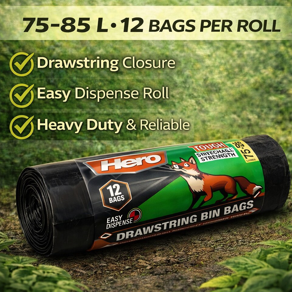image 1 of Hero Drawstring Black Bin Bags 75–85L – Roll of 12 Heavy Duty Fox Proof Refuse Sacks, Strong Stretchy Tear Resistant Recycled Garbage Bags | Black | Black | 75-85L | 12