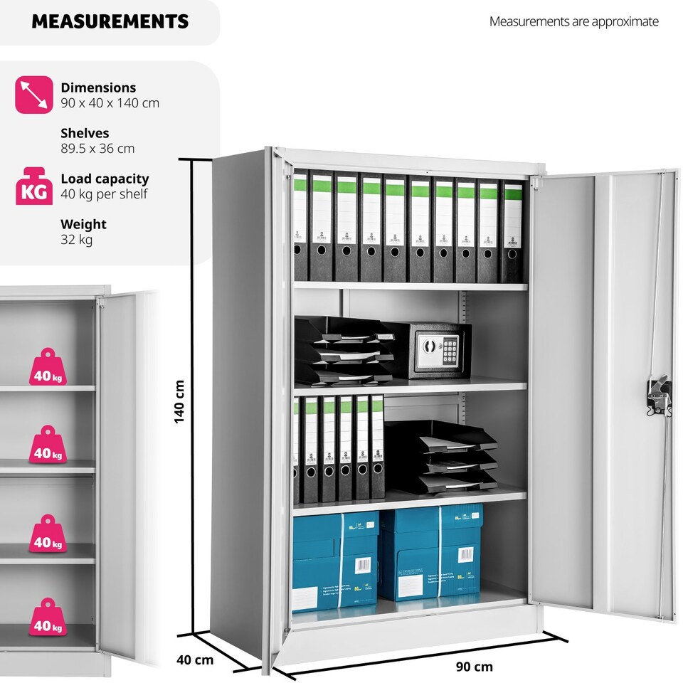 image 1 of Filing Cabinet - 4 adjustable shelves, lockable, 140 x 90 x 40 cm Grey