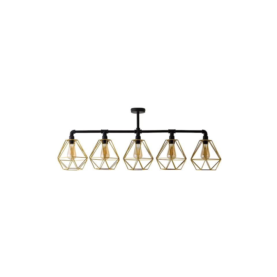 image 1 of ValueLights Luiggi 5 Way Black Ceiling Bar Diablo Gold Wire Shades and Bulbs