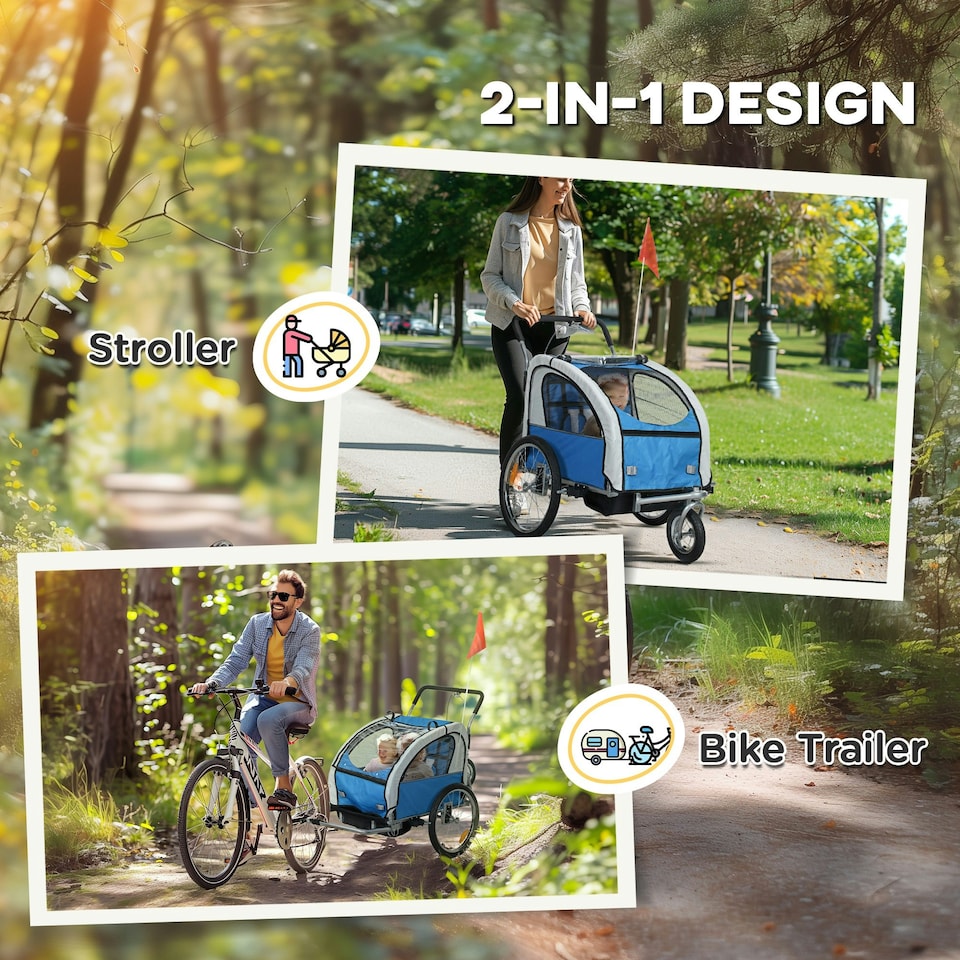 image 1 of HOMCOM 2 Seat Bike Trailer with 5 Point Harness, for 18+ Months, Blue