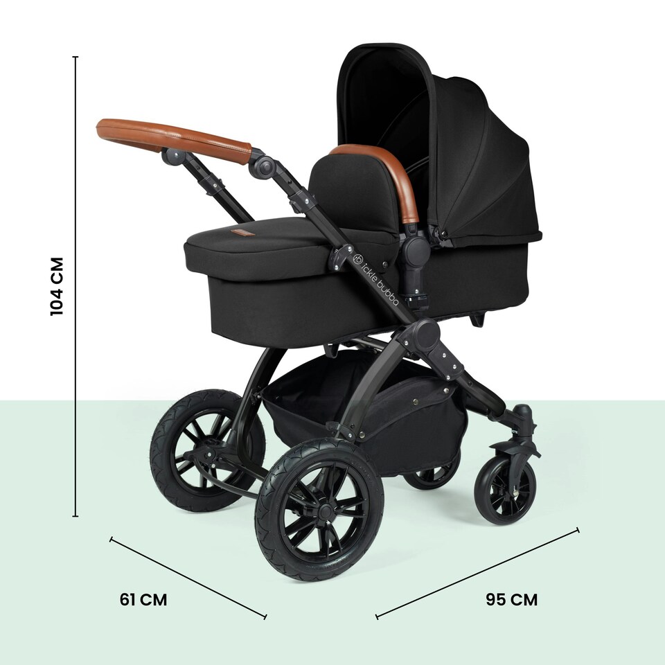 image 1 of Stomp Luxe 12pc Travel System with Stratus i-Size Car Seat & ISOFIX Base, Carrycot, Reversible Seat, Rain Cover & More (Black/Midnight/Tan)