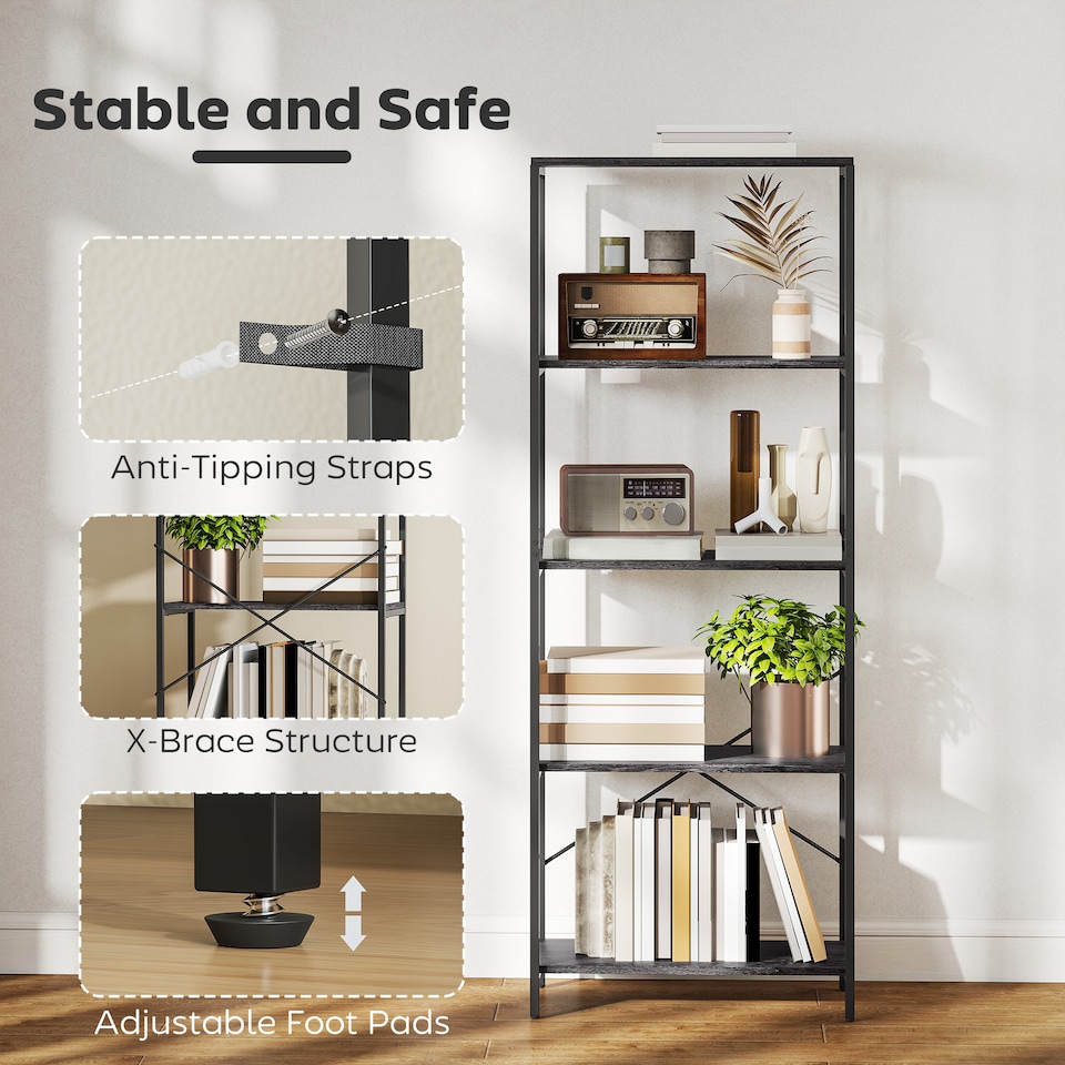 image 1 of HOMCOM 5-Tier Bookshelf, Industrial Bookcase, Floor Standing Book Shelf with Metal Frame, Open Display Shelving Unit for Living Room, Home Office and Bedroom, Dark Grey and Black | Black | Dark Grey and Black