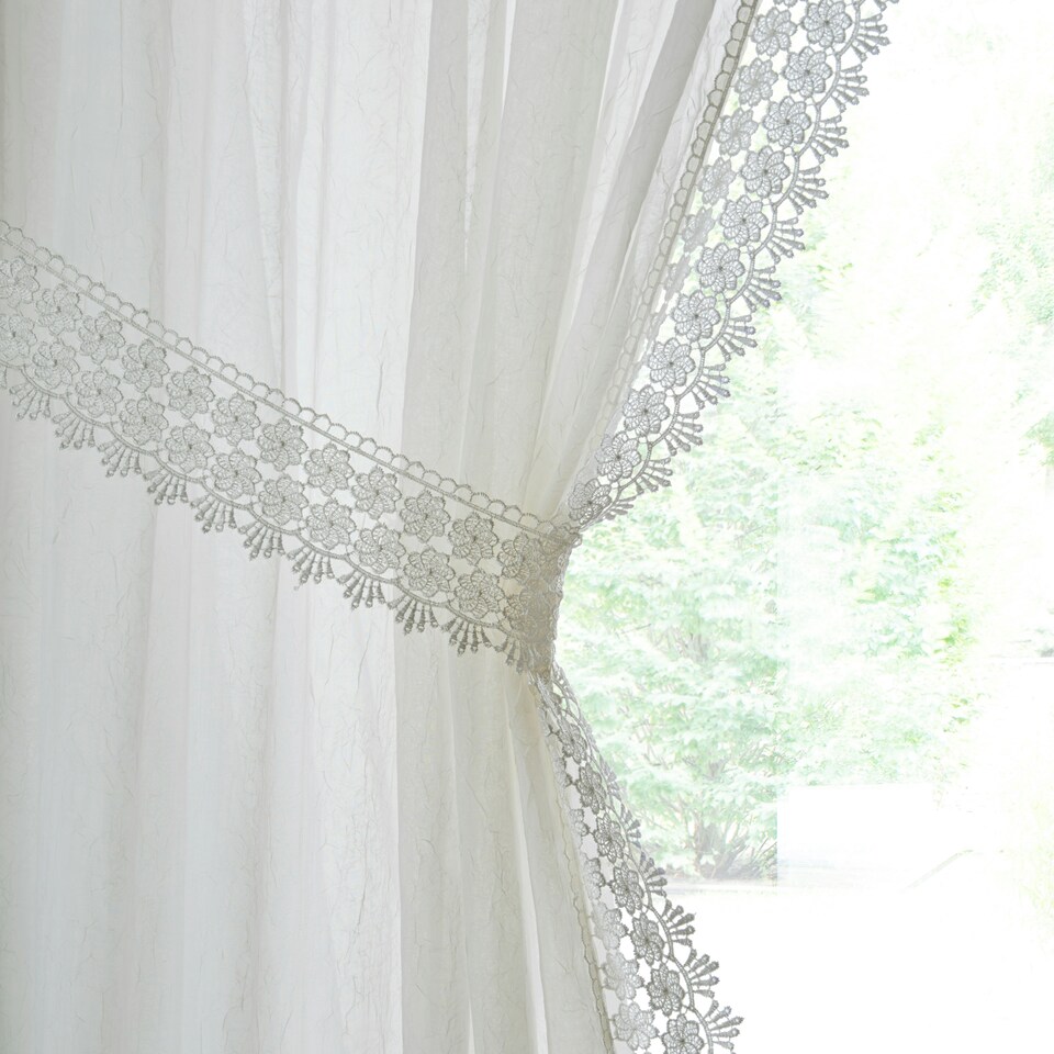 image 1 of Pair of Windsor Cream Macrame Trim Reversible Voile Panels 122 cm (48 inch) Rod Pocket Panels for Bedroom and Living Room with Matching Tie Backs