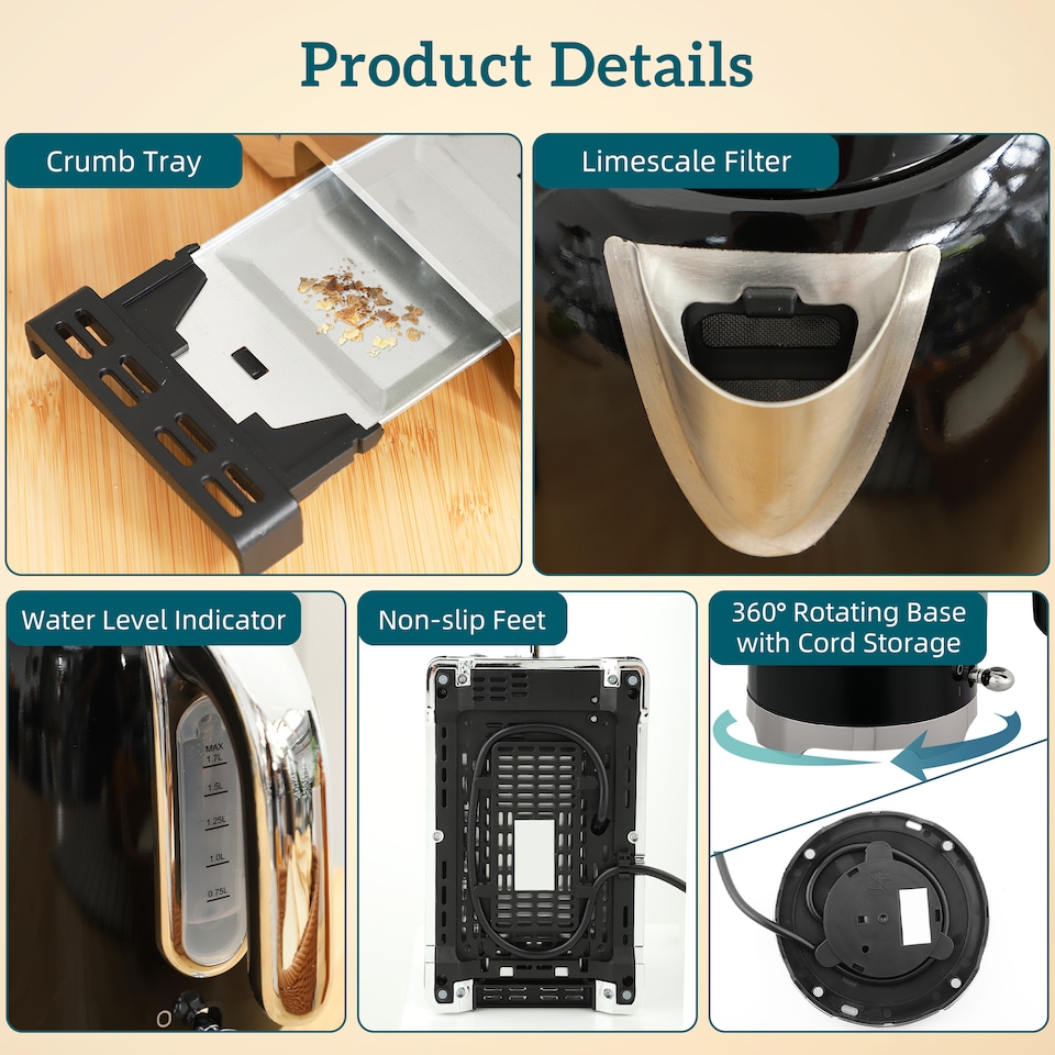 image 1 of HOMCOM Kettle and Toaster Set with Temperature Gauge, 1.7L 3000W Rapid Boil Jug Kettle with Otter Thermostat, Limescale Filter, 2 Slice Toaster with 7 Browning Controls, Crumb Tray, Black | Black