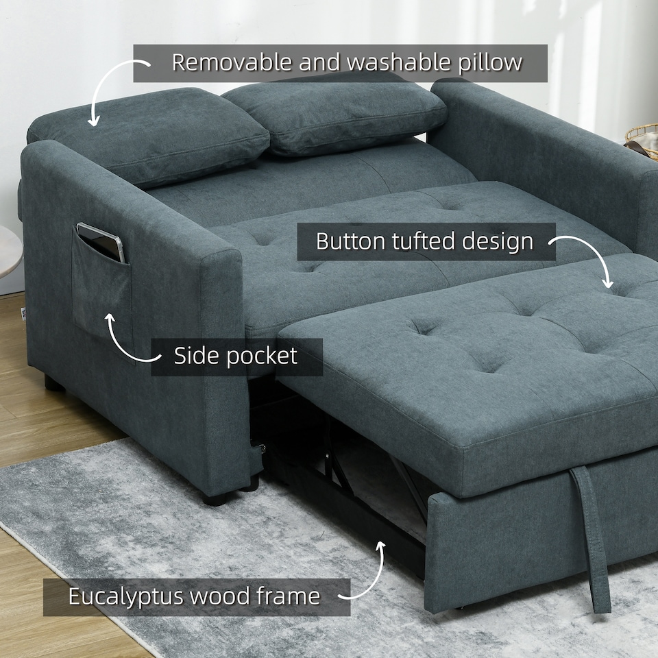 image 1 of HOMCOM 2 Seater Sofa Bed, 120 cm Convertible Bed Settee, Modern Fabric Loveseat Sofa Couch with 2 Cushions, Side Pockets for Living Room, Guest Room, Charcoal Grey