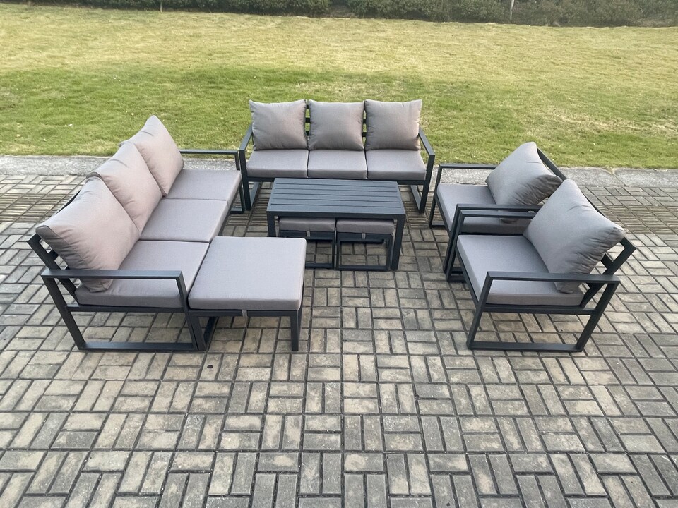 image 1 of Fimous Aluminium Outdoor Garden Furniture Lounge Sofa 2 PC Chairs Oblong Coffee Table Sets with 3 Footstools Dark Grey