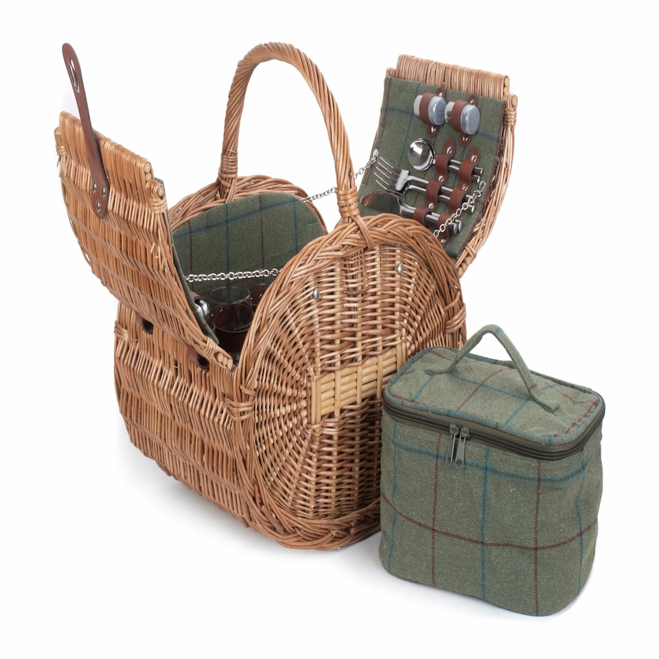 image 1 of Oval 4 Person Green Tweed Picnic Basket